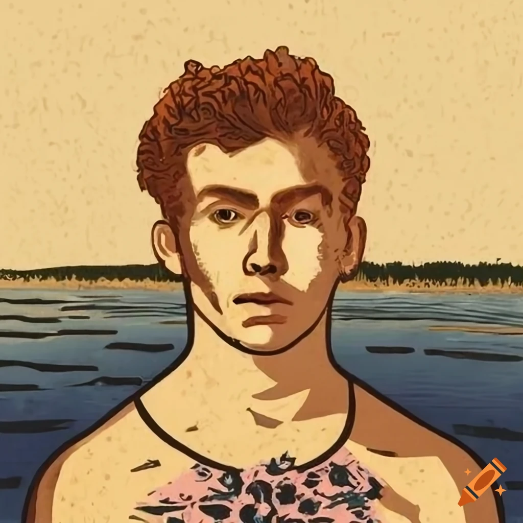 male-olympic-rower-in-floral-top-by-finnish-lake-1920s-style-woodcut