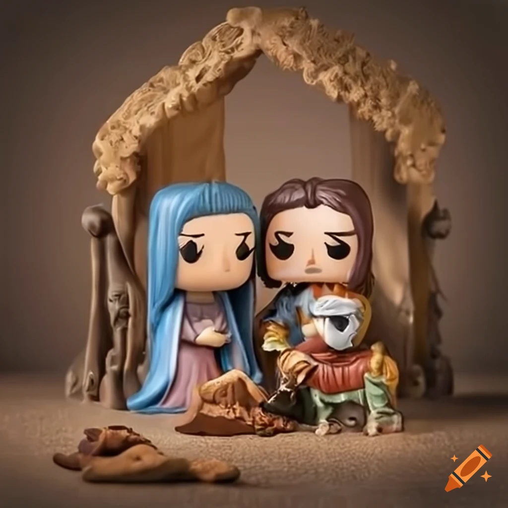 Nativity scene with baby Jesus, Mary, Joseph, and others depicted in Funko style