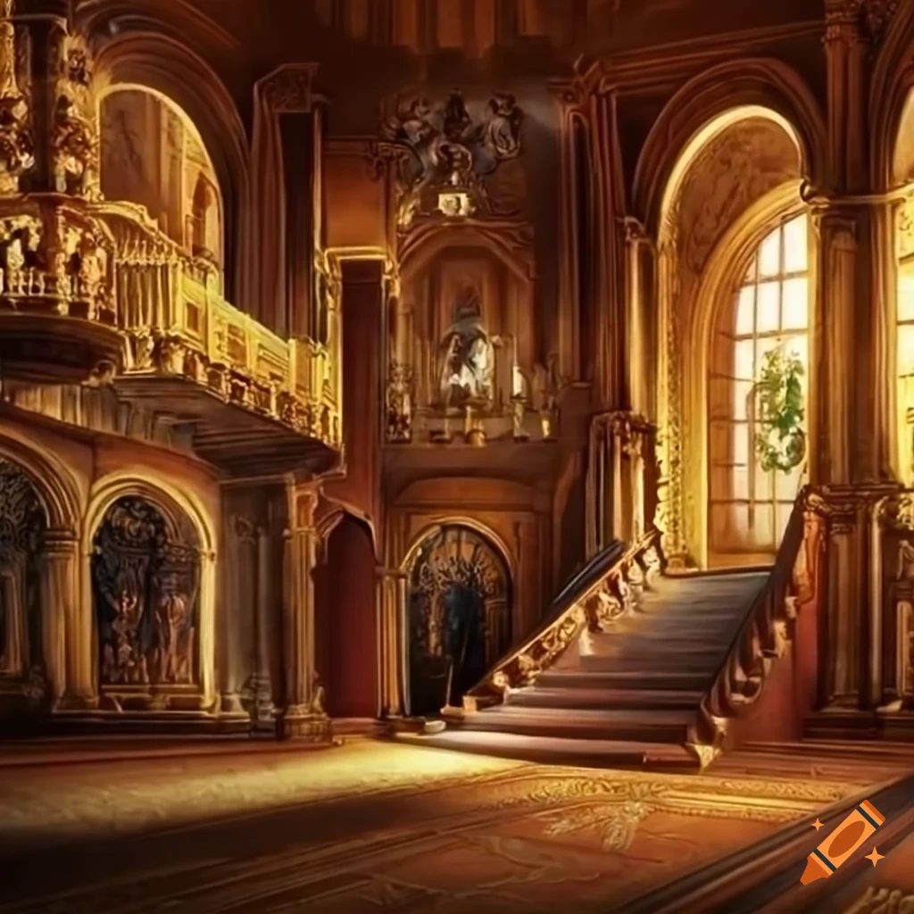 Interior of a high-quality royal castle with a staircase in a fantasy  setting on Craiyon