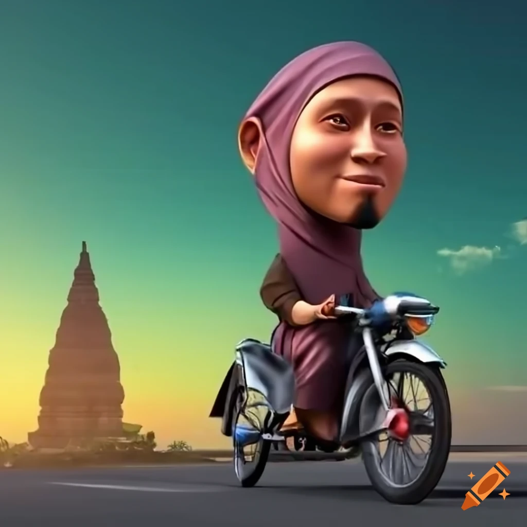 Indonesian hijab caricature riding motorbike with wife near Prambanan temple