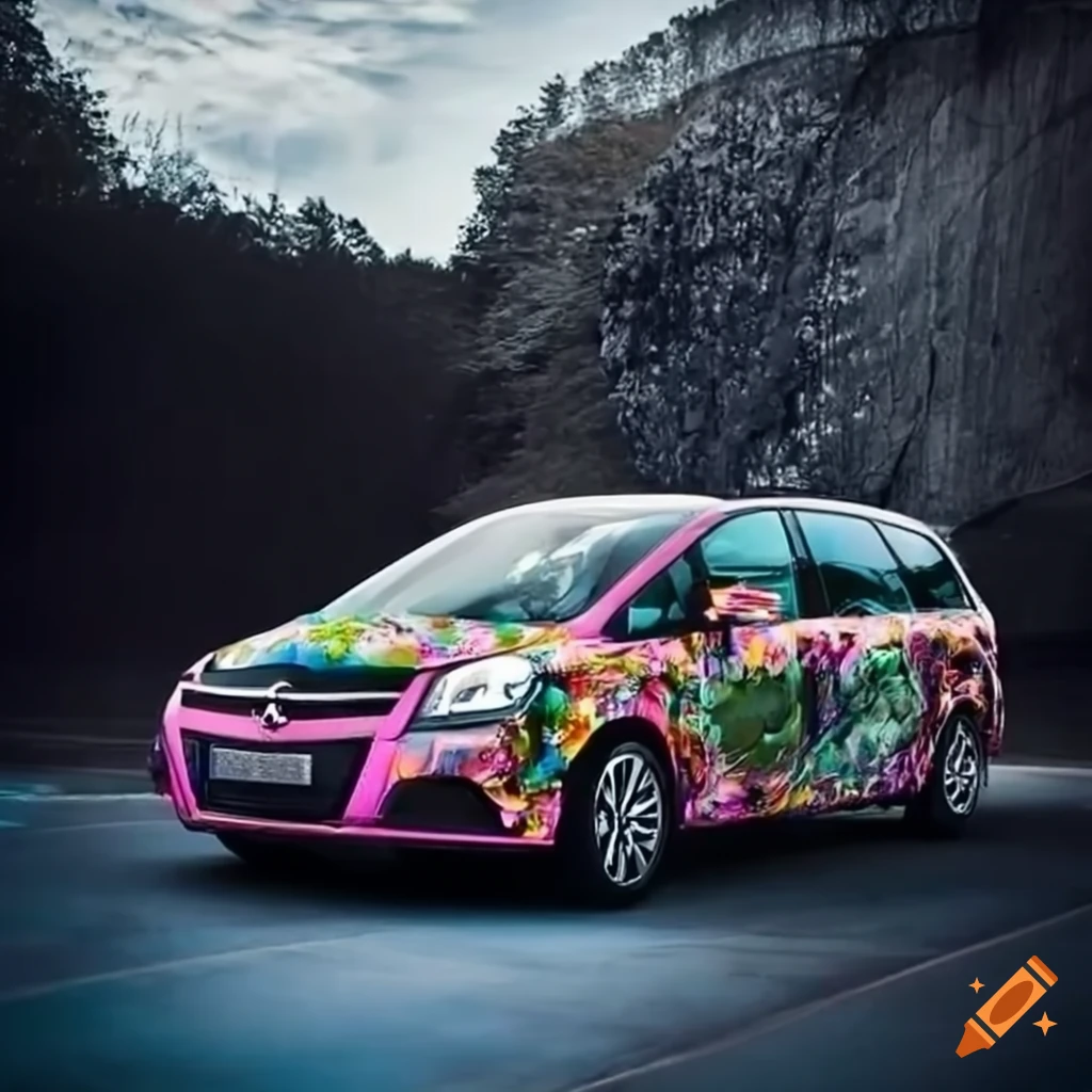 Opel Zafira car with feminine vibes decorated with Dachshund dog