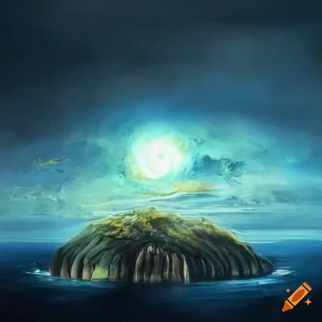 Island in the middle of a cyclone's eye in high definition painting