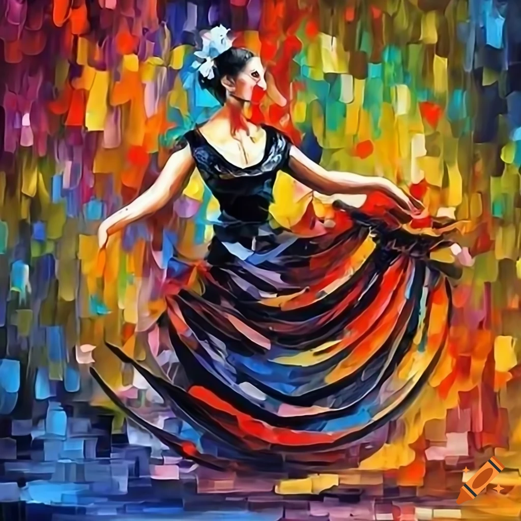 Abstract painting of a Spanish woman in traditional black-red attire dancing