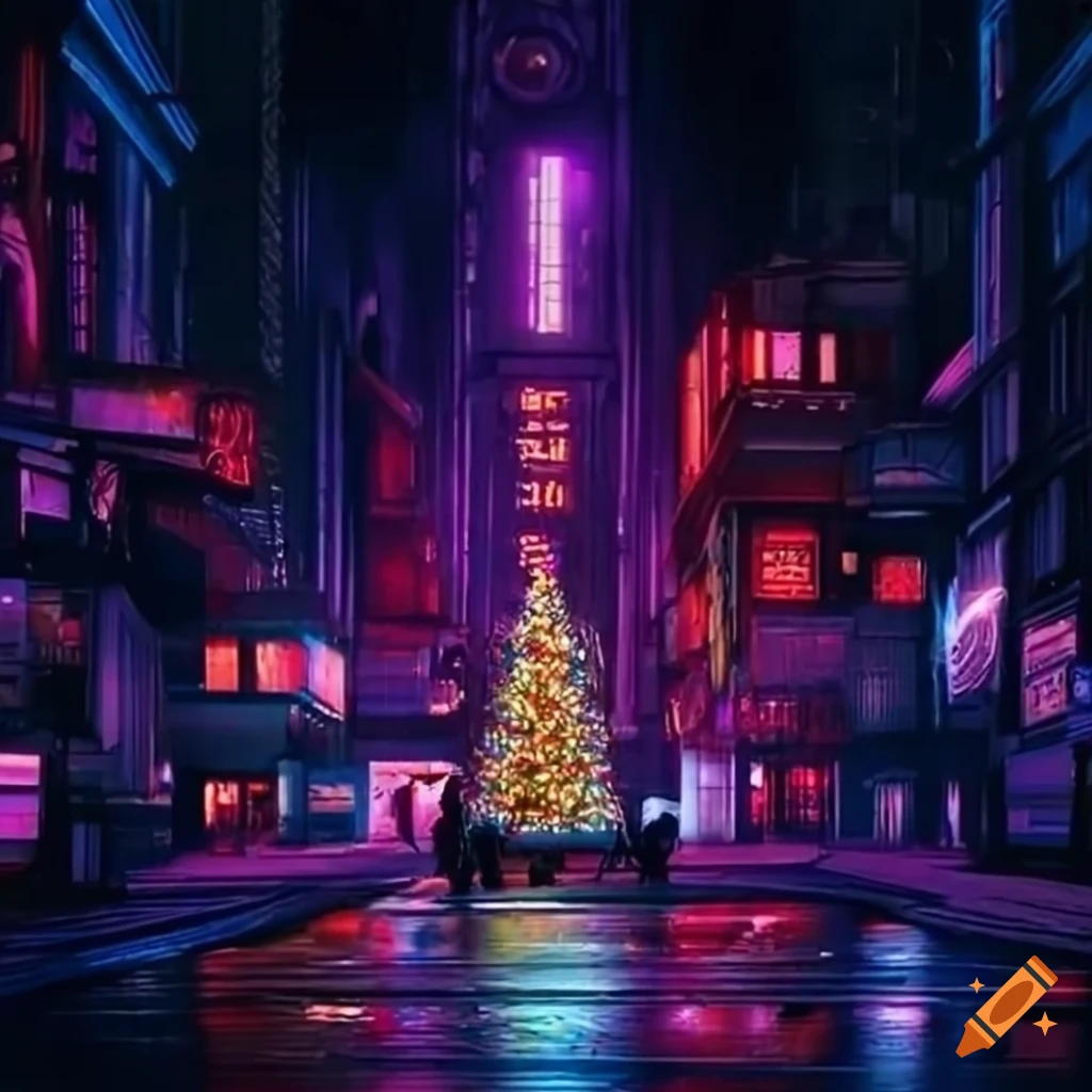 Cyberpunk christmas tree street scene in blade runner style on Craiyon