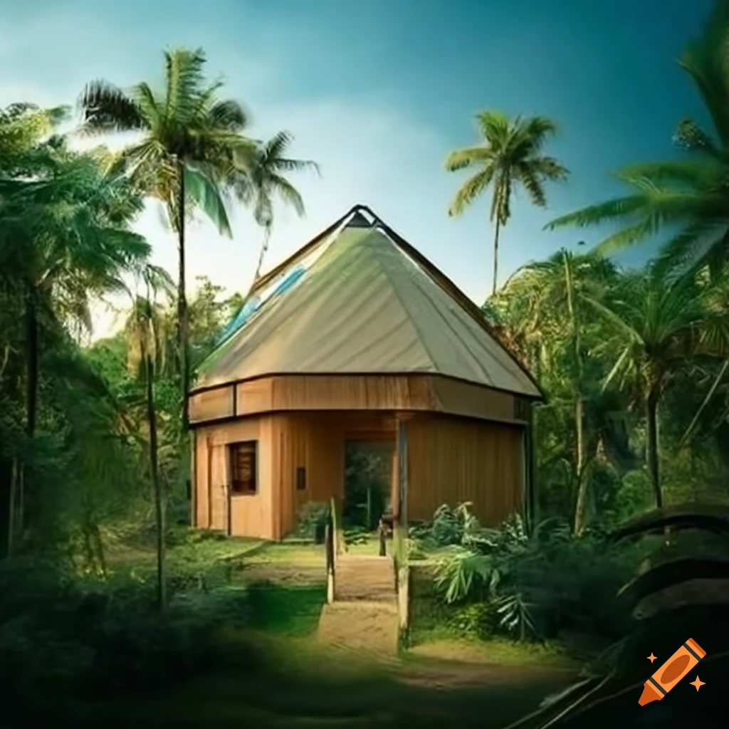 Eco-friendly earthbag home with bamboo roof at the edge of a tropical jungle