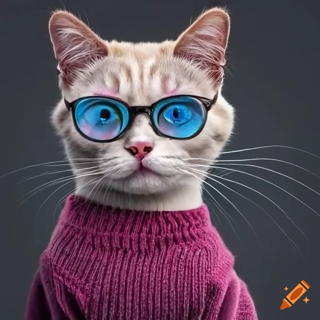 White cat with blue eyes wearing round glasses and a sweater on Craiyon