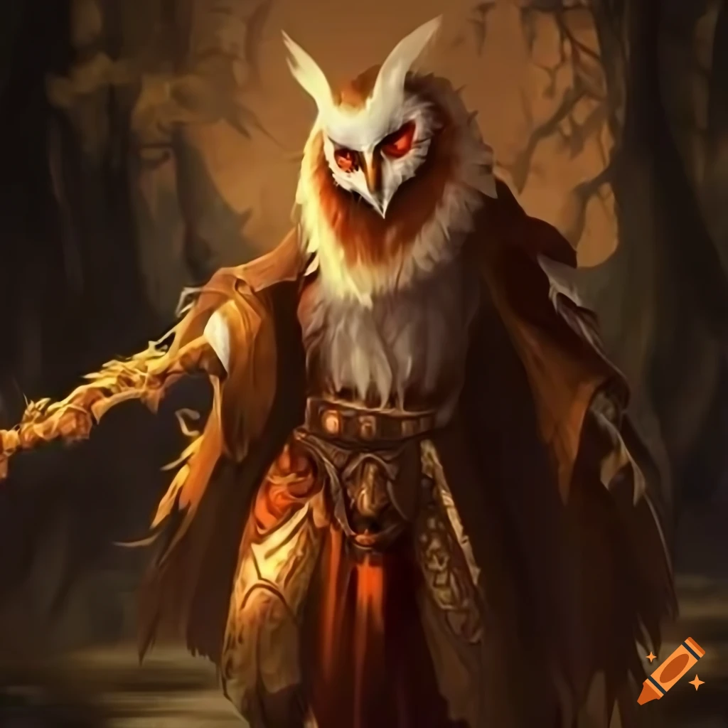 Eurasier owlfolk with brown feathers and orange eyes in a fantasy setting