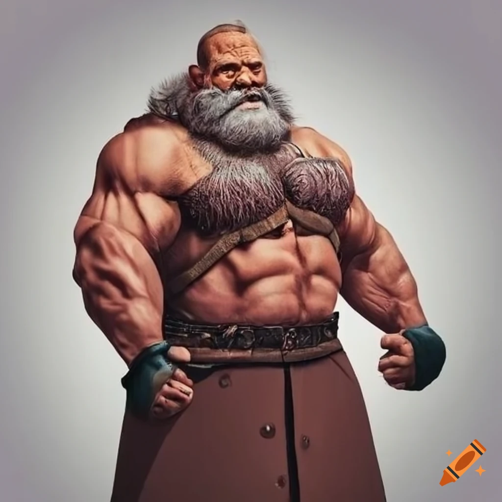 Muscular strongman with beard wearing a sleeveless coat