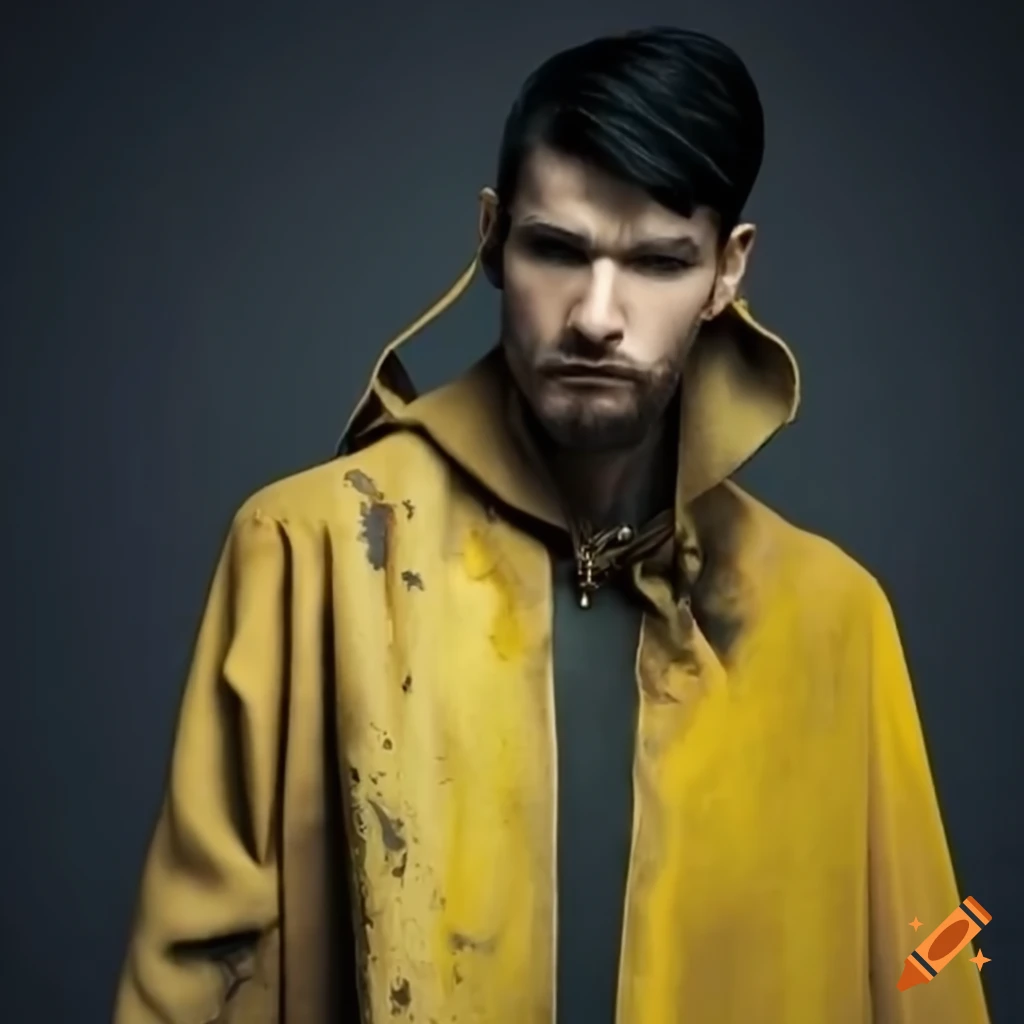 Ruggedly handsome man in dark sorcerer style clothes with a dirty yellow cloak