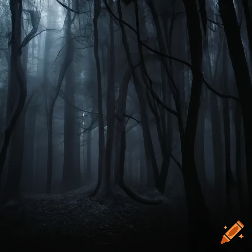 Dark and eerie forest at night