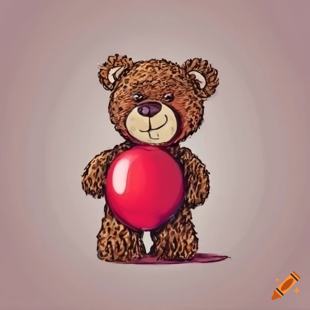 Teddy bear with a red balloon on white background sketch