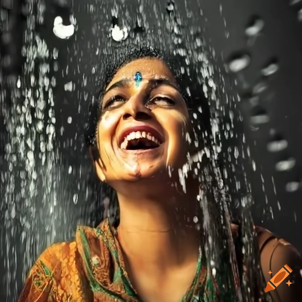 Pakistani woman enjoying a light rain shower on Craiyon