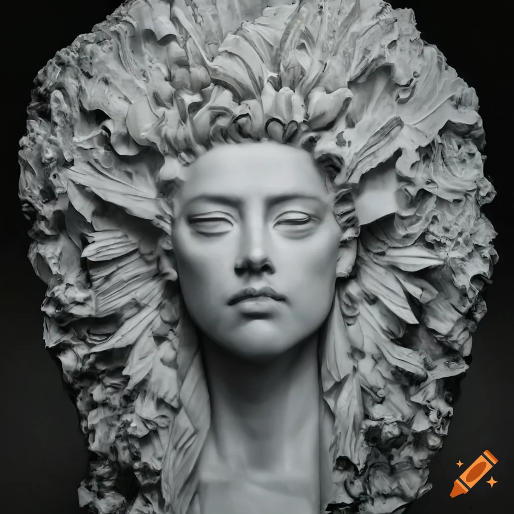 White marble sculpture of an intricately carved headdress on Craiyon