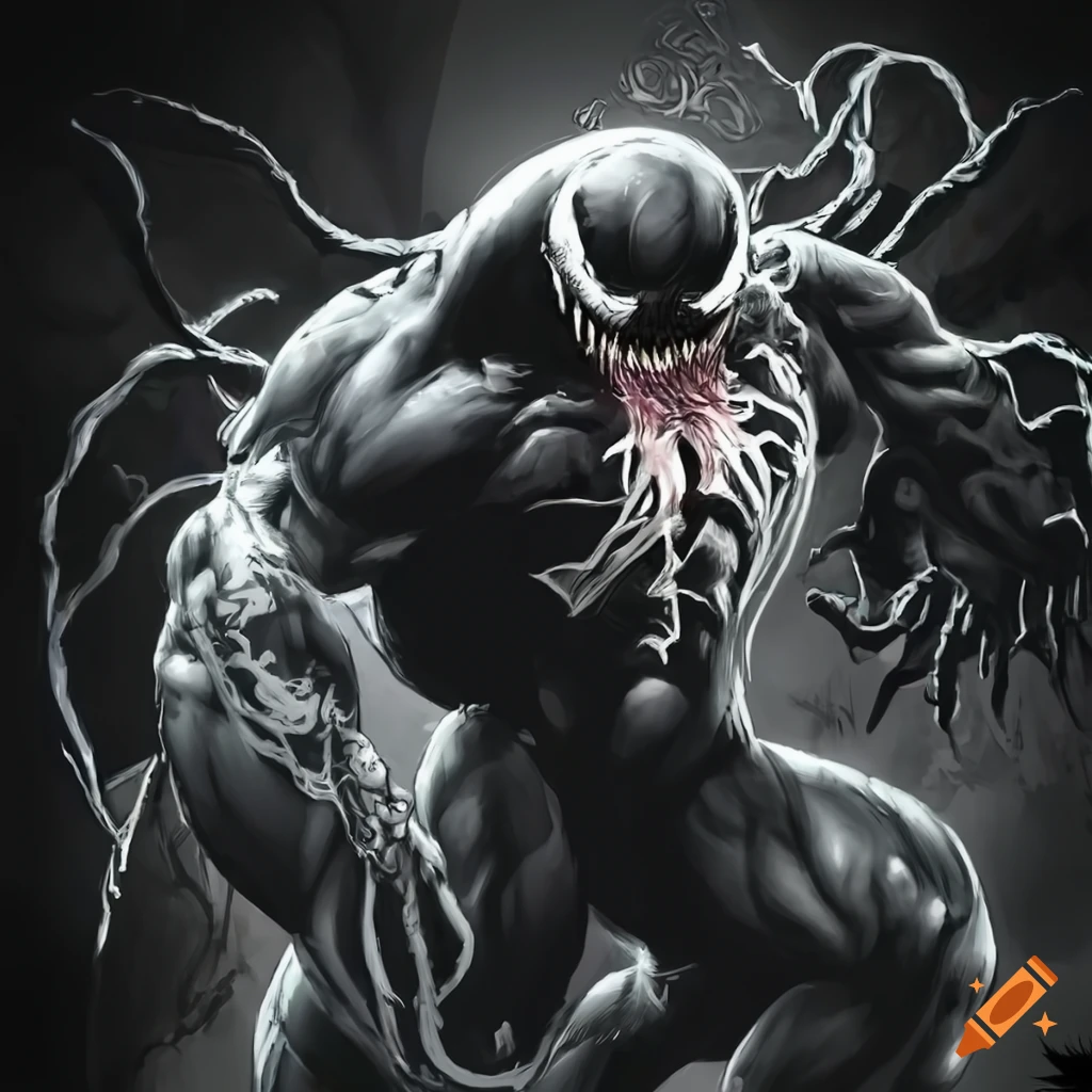 Surreal black and white art of venom from marvel in a powerful attack ...