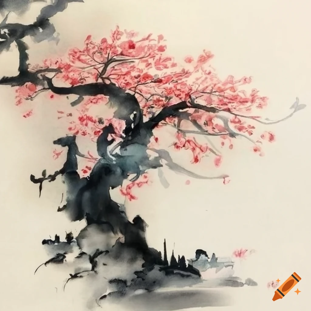 Chinese ink wash painting of a magical garden