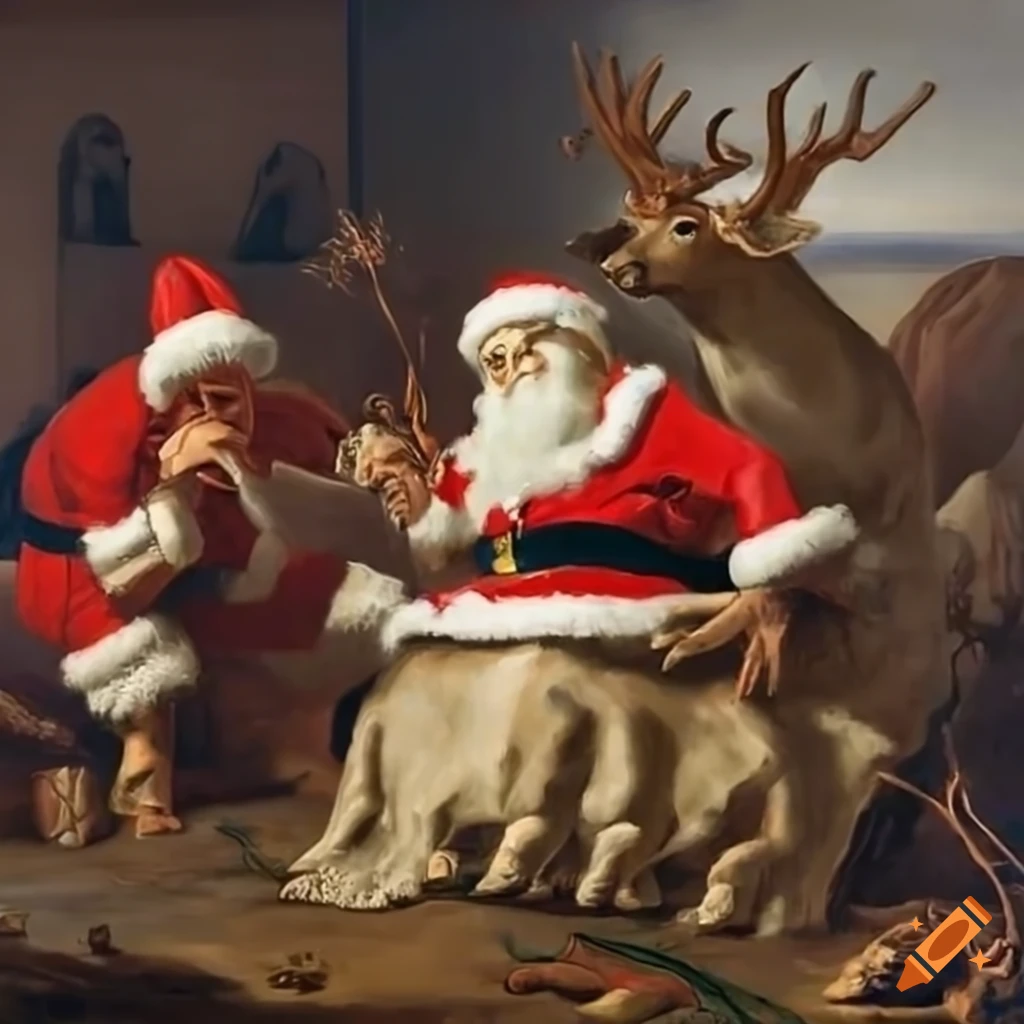 Santa Klaus and reindeers in Théodore Géricault Raft of the Medusa style