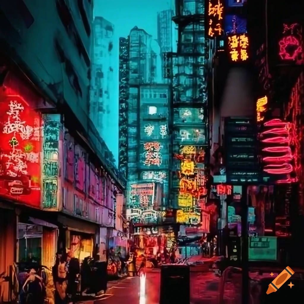 Cyberpunk cityscape with neon lights and technology in hong kong 2080 ...