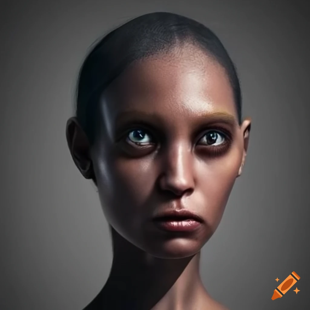 Portrait of a brown-skinned humanoid alien woman with long wavy black ...