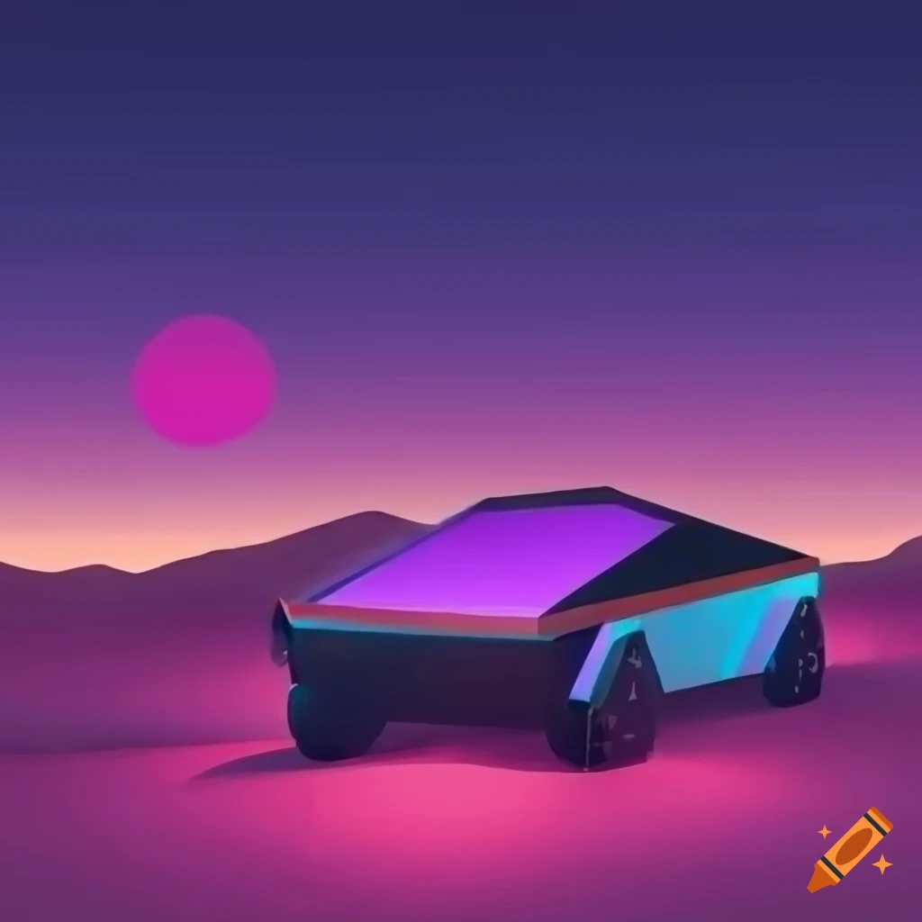 Tesla Cybertruck in a retro-futuristic desert setting with a sunset and city in the background