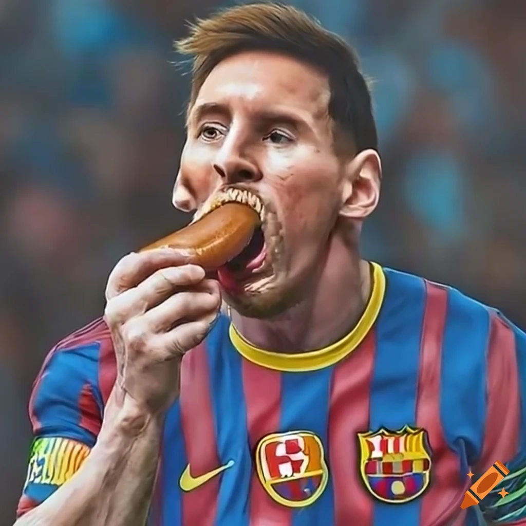 Messi eating a hot dog in hyper-realistic style on Craiyon