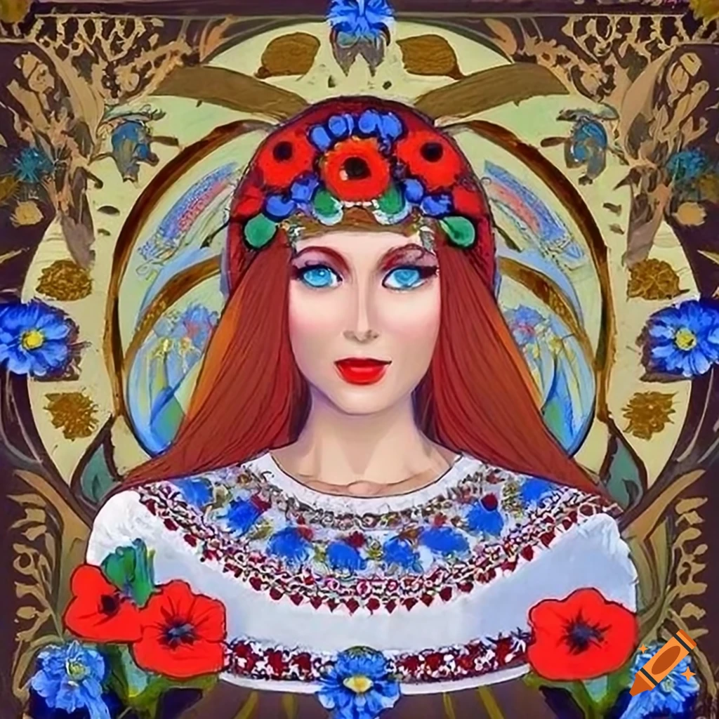 Slavic traditional beauty with red poppy, spiked wheat corn, and blue cornflowers in her hair