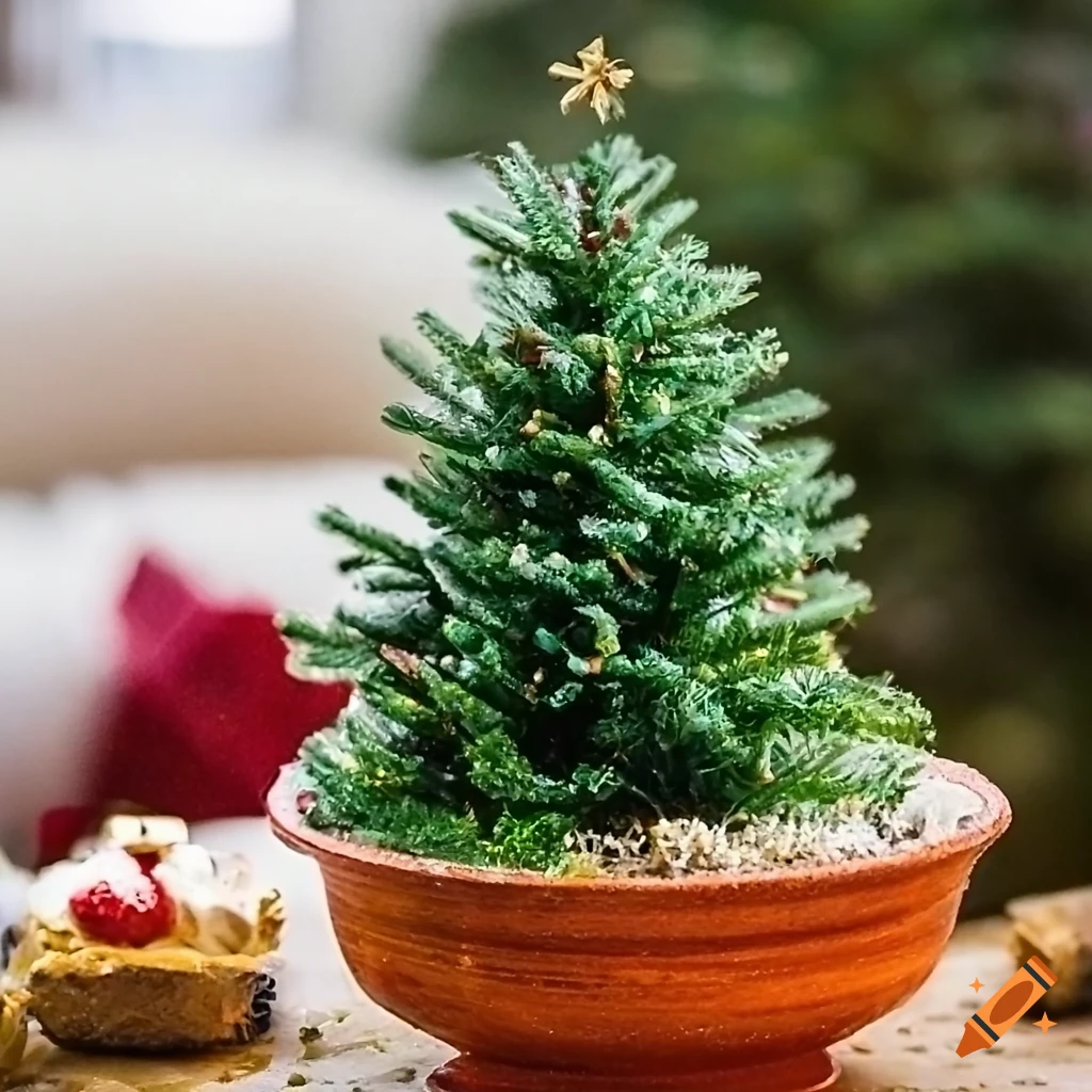 Miniature christmas tree in a pot with bright and vibrant colors on Craiyon