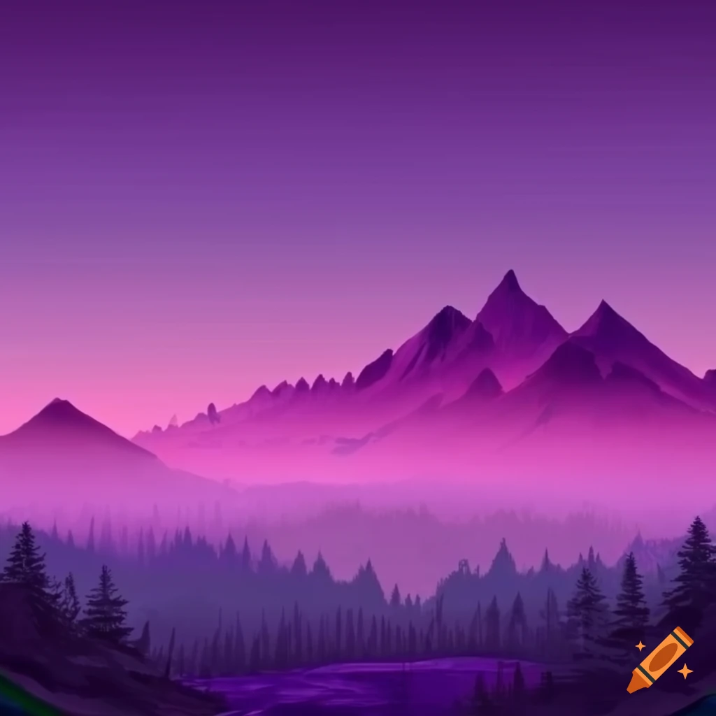 Mysterious forest with mountains in pink and purple hues on Craiyon