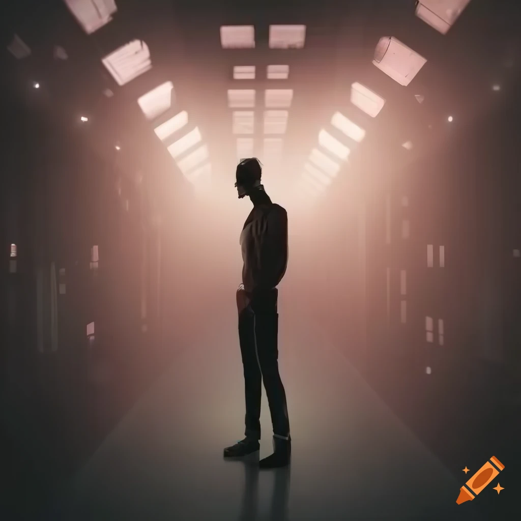 Skinny man in futuristic server room with mirrored walls
