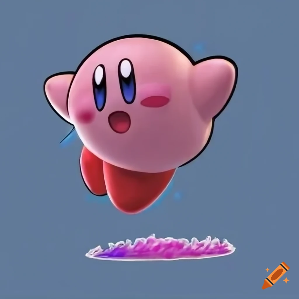 Kirby jumping in the air against a blue background on Craiyon