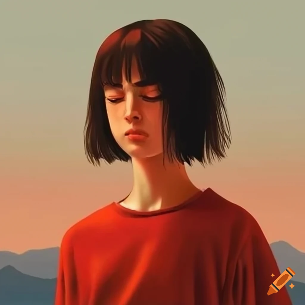Girl in red sweatshirt against symbolic mountains on Craiyon