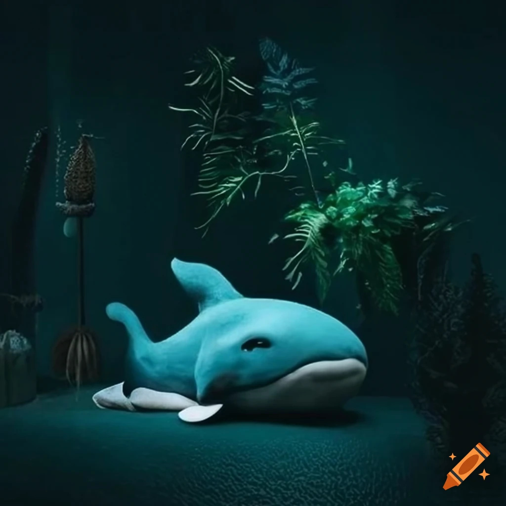 Cozy orca whale themed cottage with naturalistic plants and warm lighting