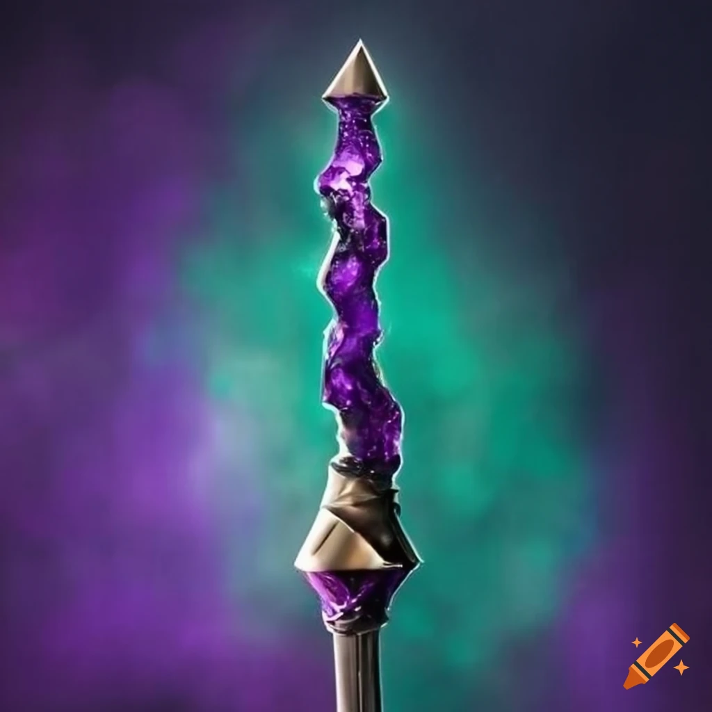 Realistic long magic wand with purple and green crystals and metal on
