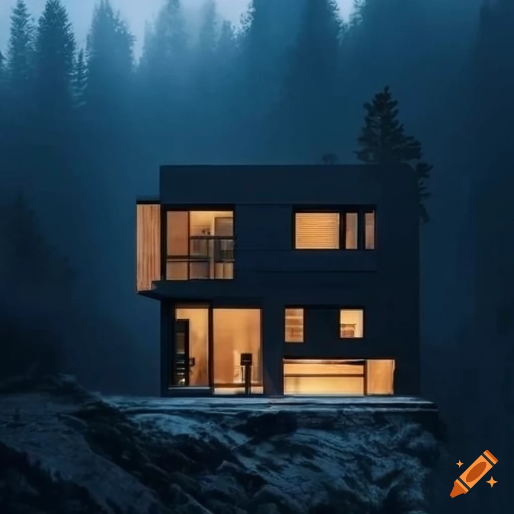 Modern blackthemed house on the edge of a misty mountain on Craiyon