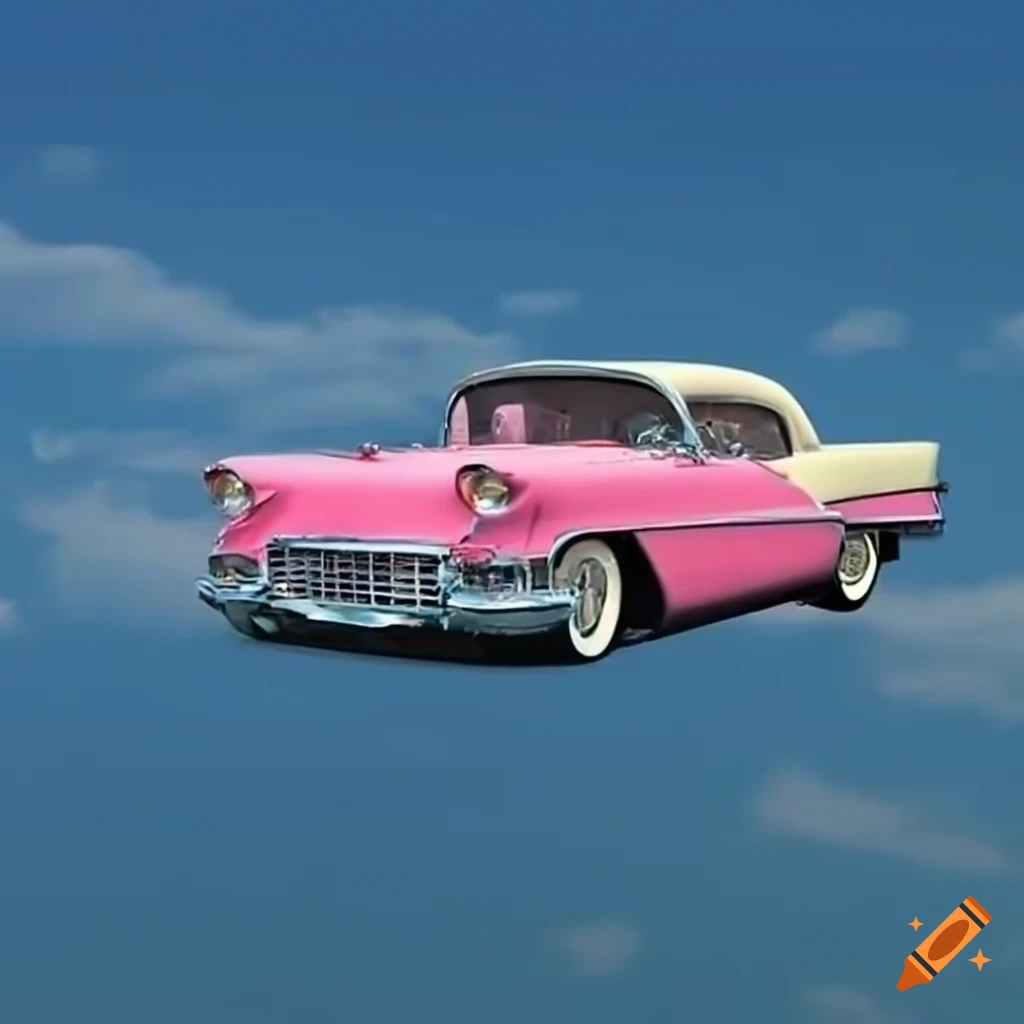 Pink 1957 Cadillac with helicopter wings flying in the sky