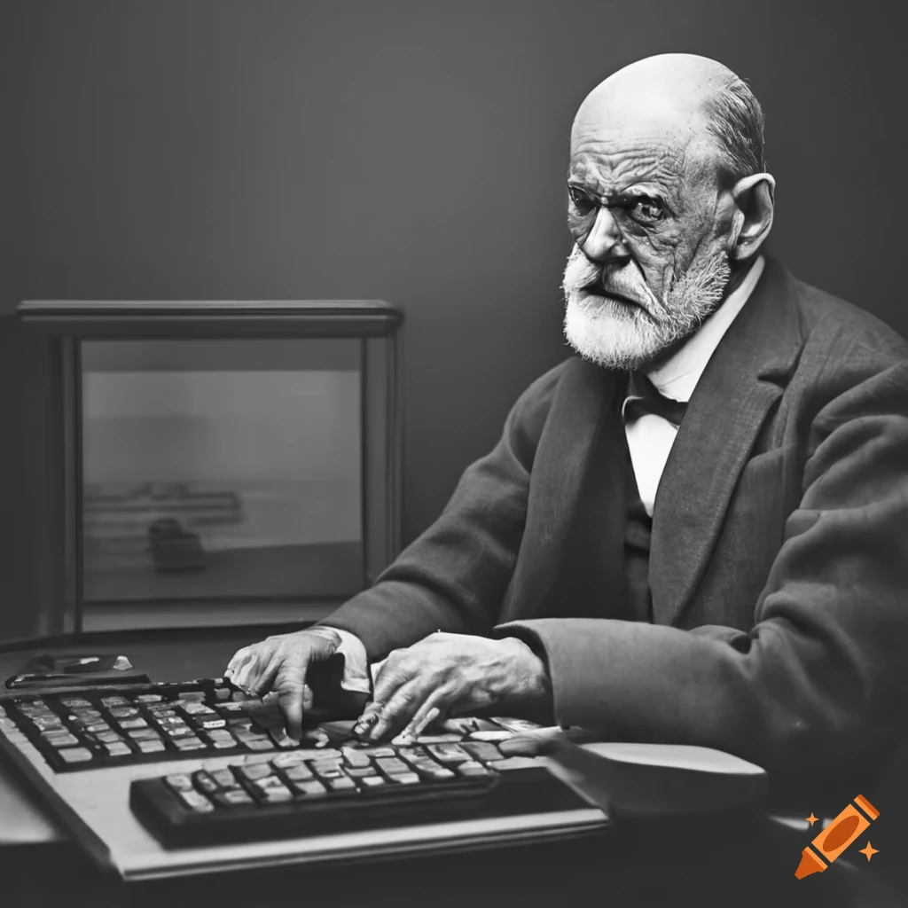 Freud Computer Black and white photo of freud sitting in a chair next to a computer ...