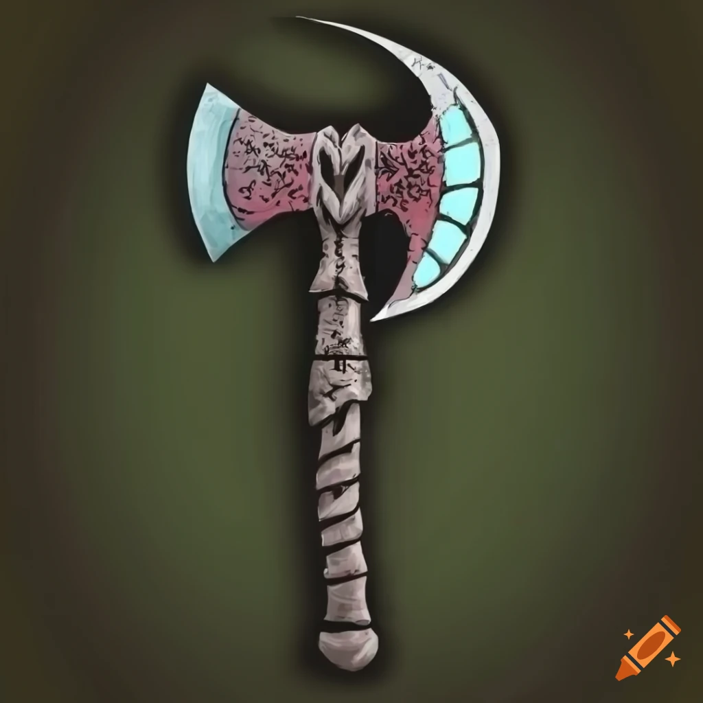Dark axe surrounded by laurel leaves in Tim Burton style