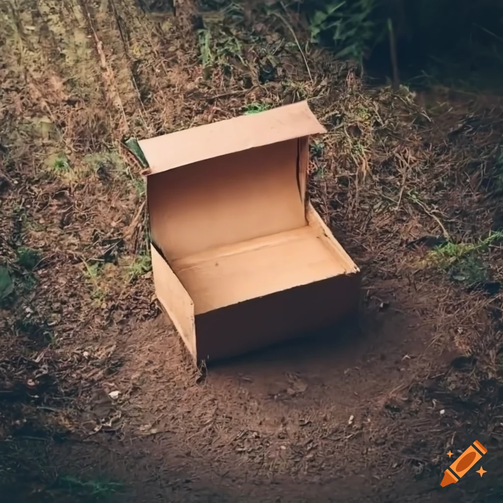 Empty cardboard box on the side of a dirt road, view from inside the