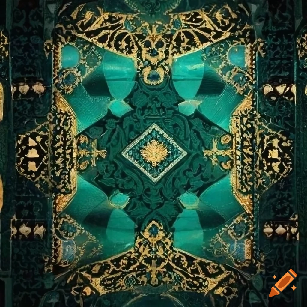 Arabic mosaic backgammon design in dark green, turquoise, and gold