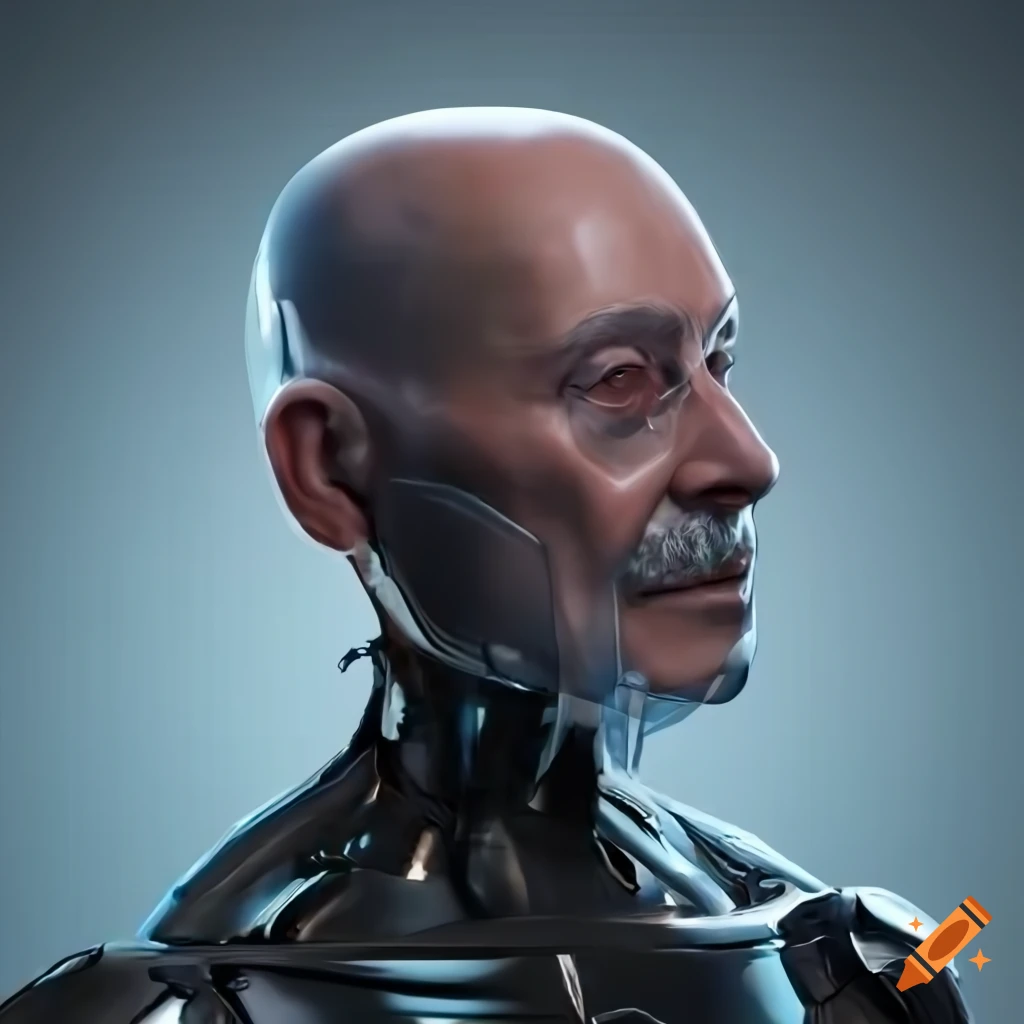 Futuristic scifi elderly male in a sleek glass and silver