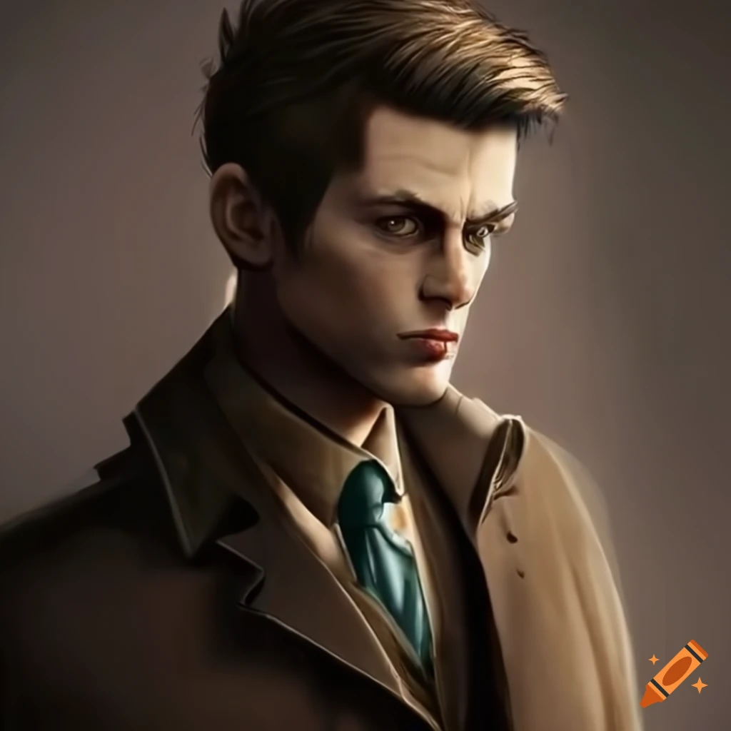 Male detective with trench coat and 5 o'clock shadow smoking a cigarette on Craiyon