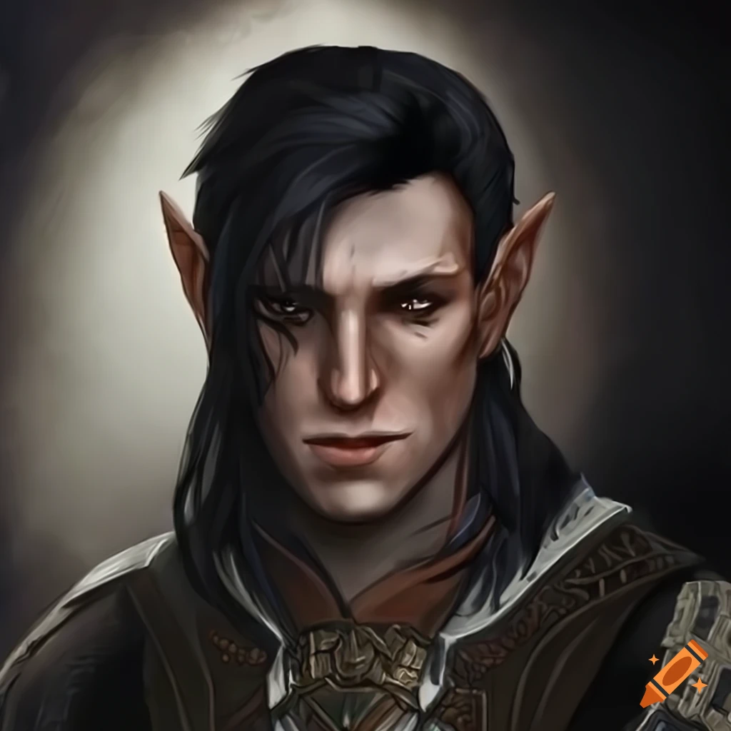 Half elf half human male with black hair, fantasy character on Craiyon