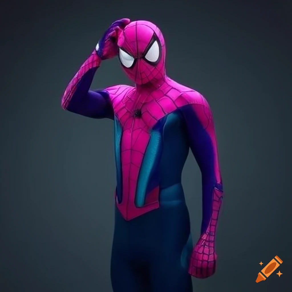 Futuristic spider-man suit in pink, teal, and purple colors on Craiyon