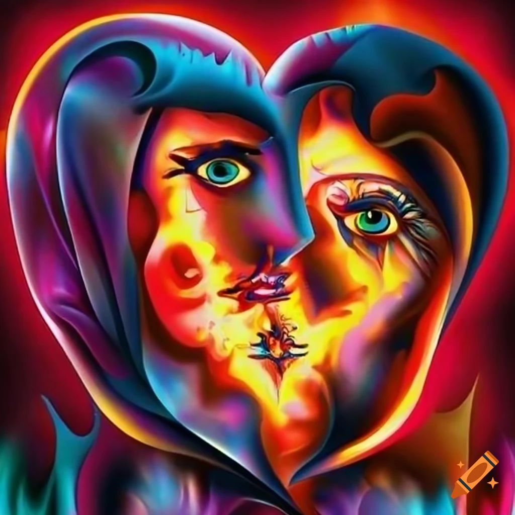 Two hearts ablaze in flames in Picasso style
