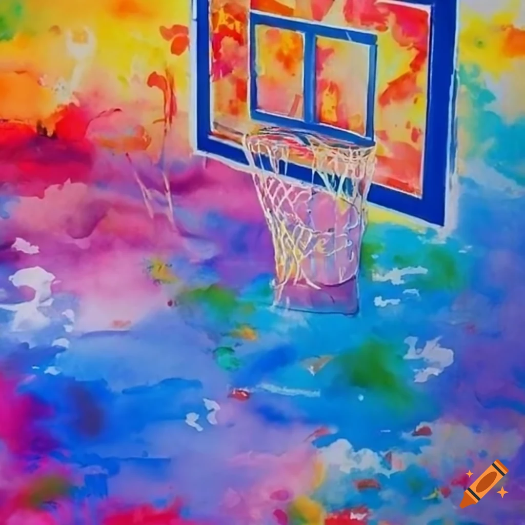 Vibrant watercolor painting of a basketball court on Craiyon