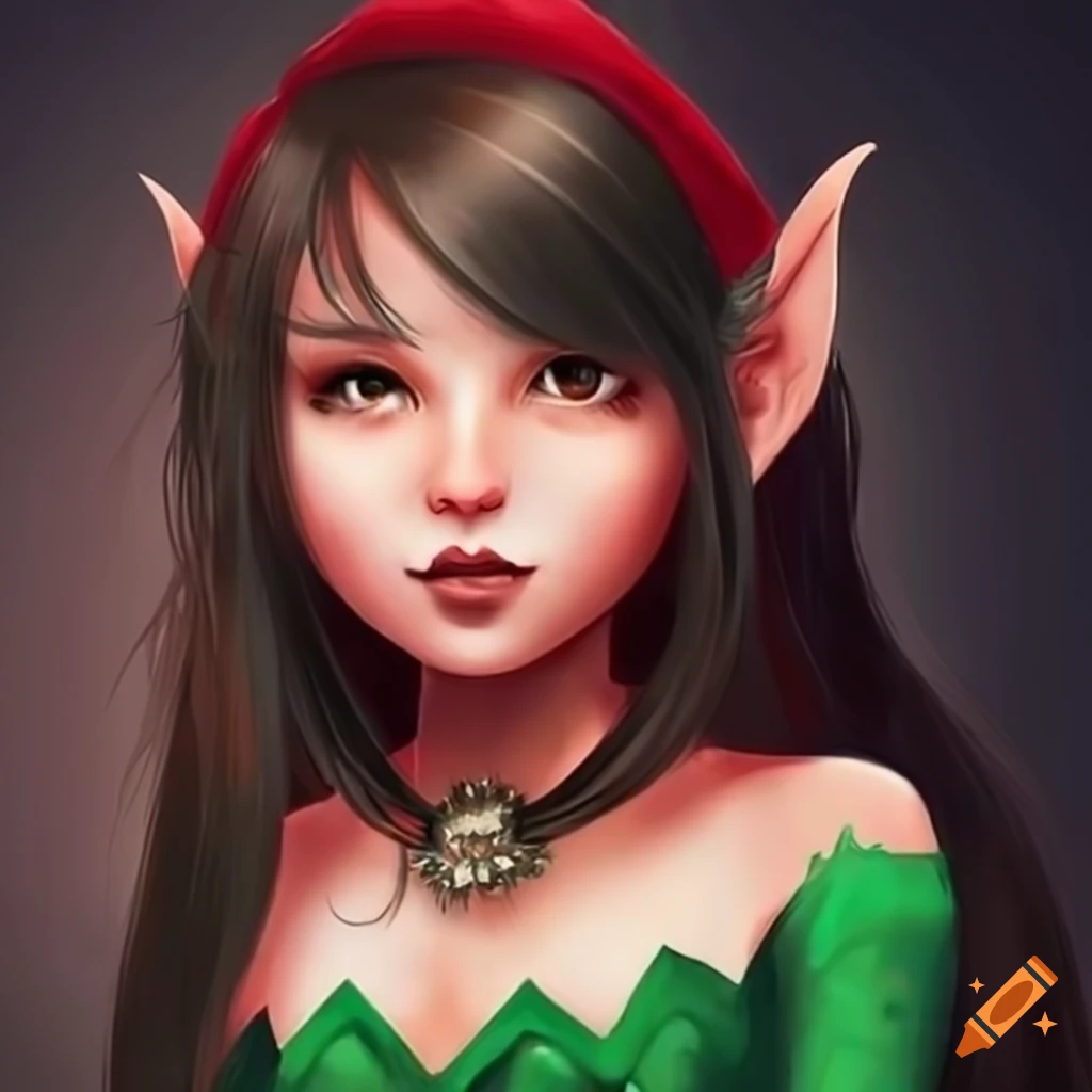 Sweet girl elf with brown eyes and dark hair on Craiyon