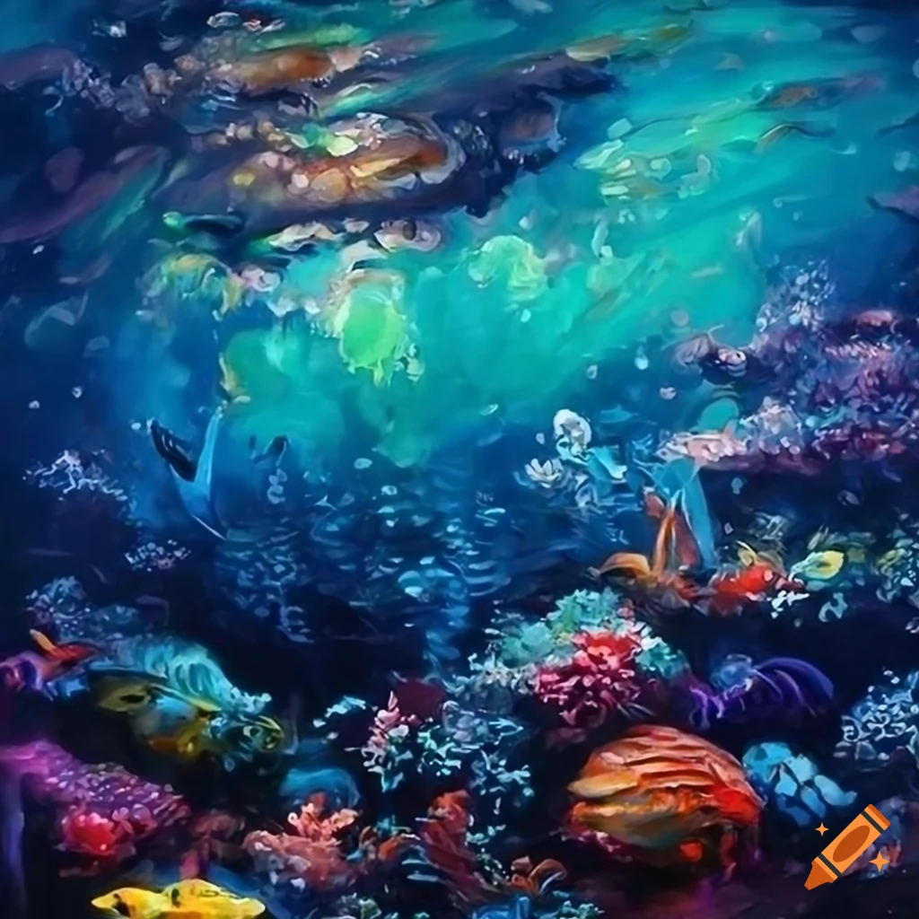 Vibrant underwater cityscape with marine life and fantastical ...