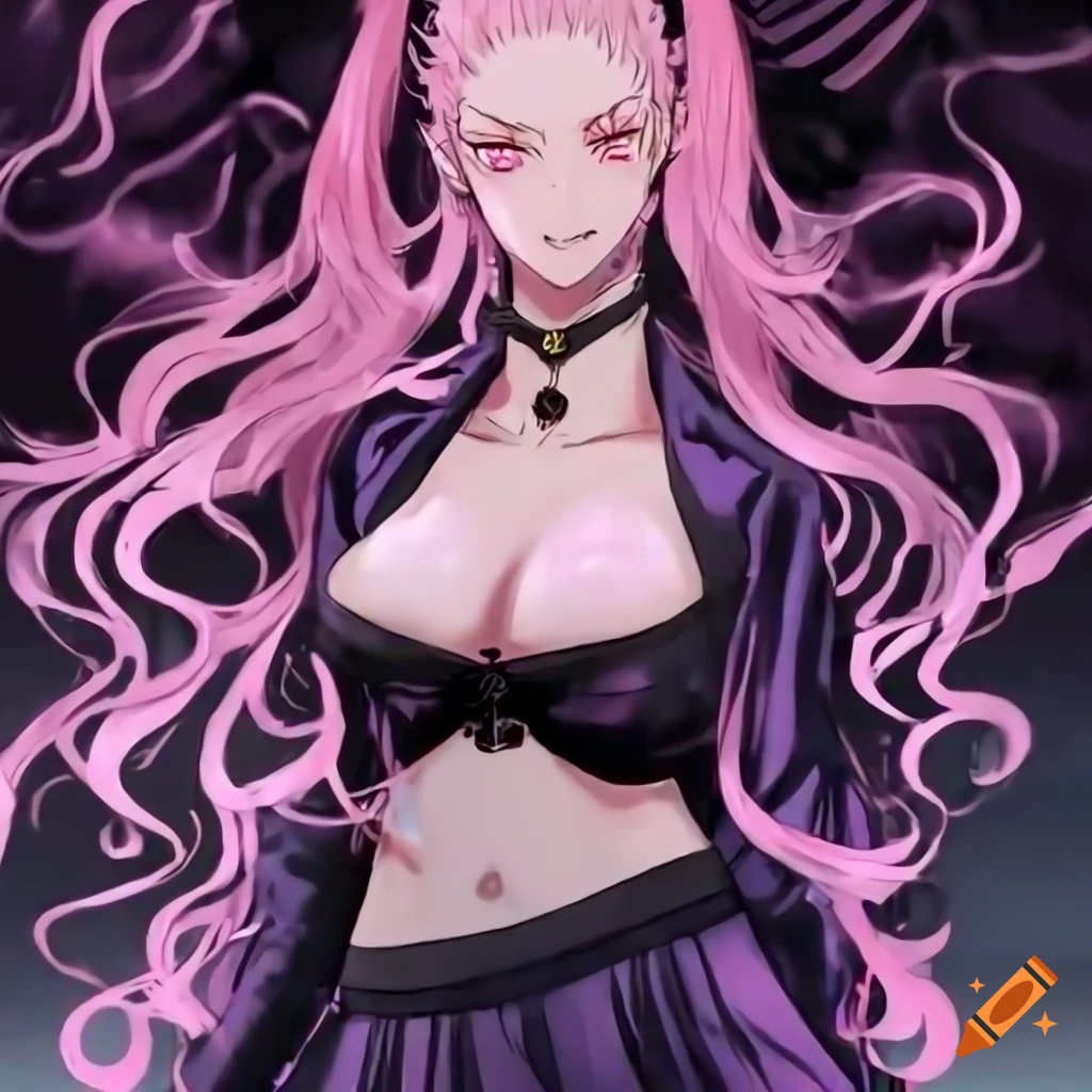Jujutsu Kaisen style female sorcerer with long blackish-pink wavy pigtails and pink eyes