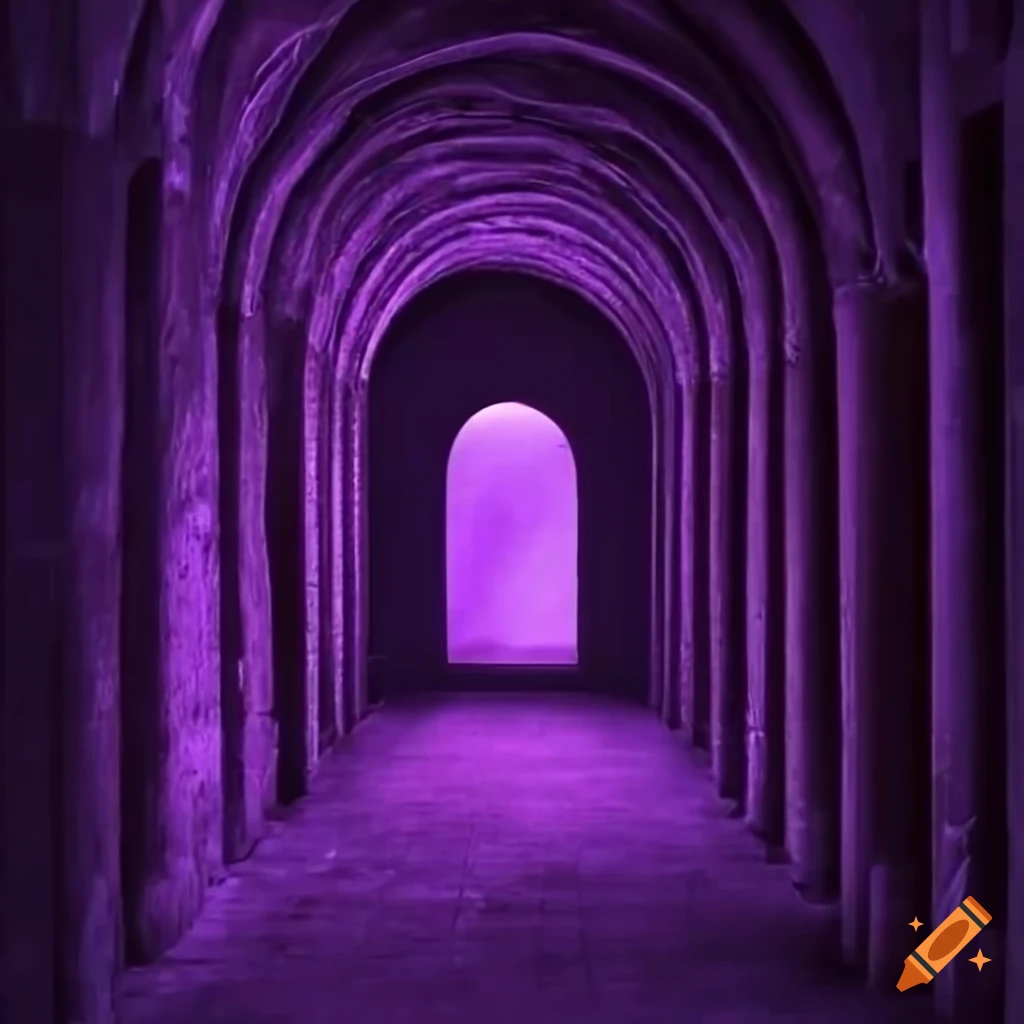 Mysterious cellar with robed monks in dark purple lighting