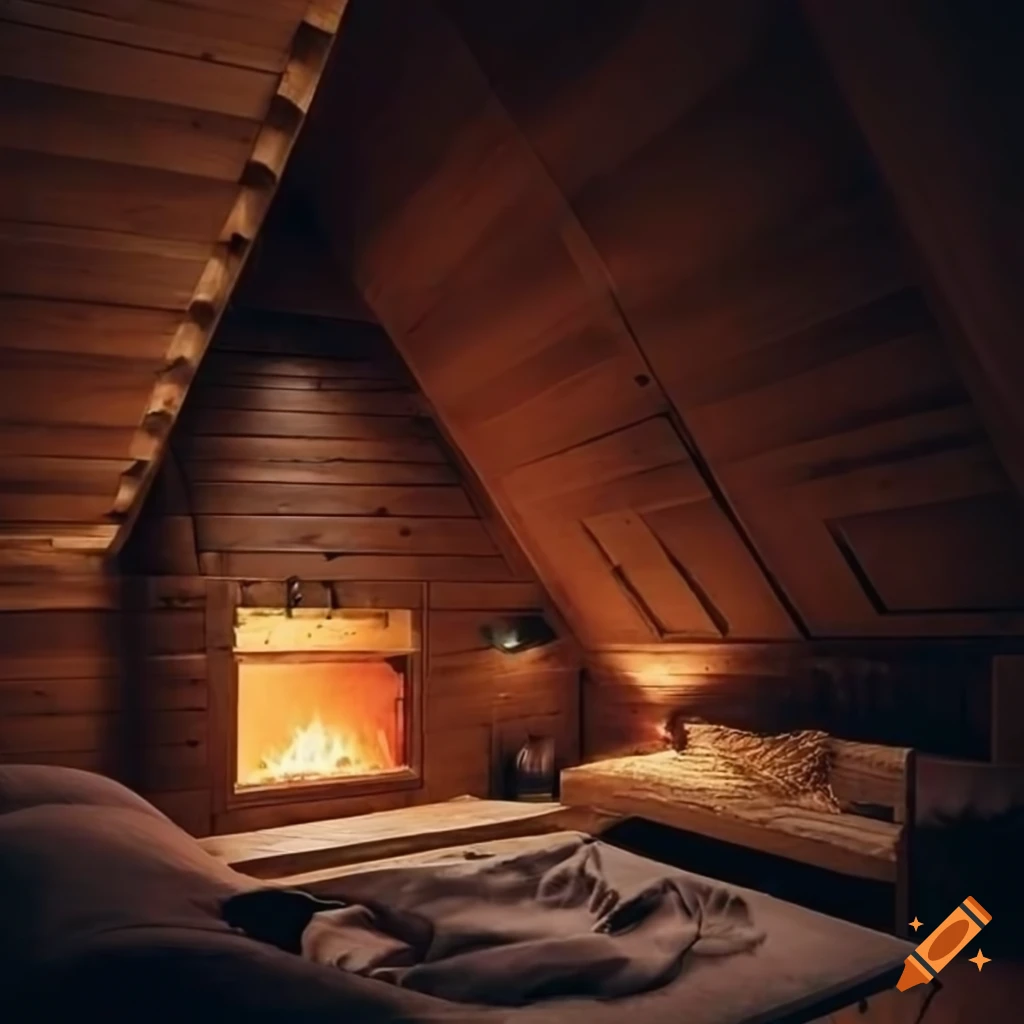 Moody wooden attic room with bed and fireplace while snowing outside