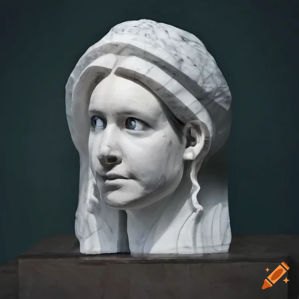 Roughly carved white marble sculpture of an intricately adorned figure